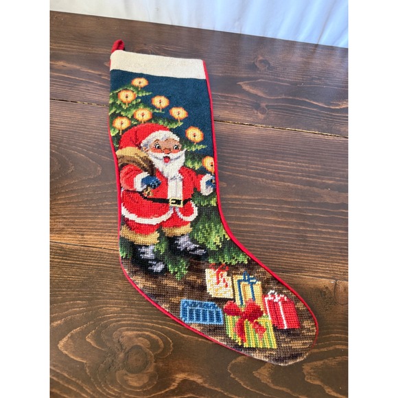 Other - Vintage Santa Claus Needlepoint Christmas Stocking Red Velvet Backing 17 Inch